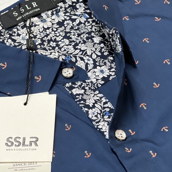 SSLR Shirts Mens S Blue Button Down Anchor Print Short Sleeve Nautical Sailing - Picture 6 of 7